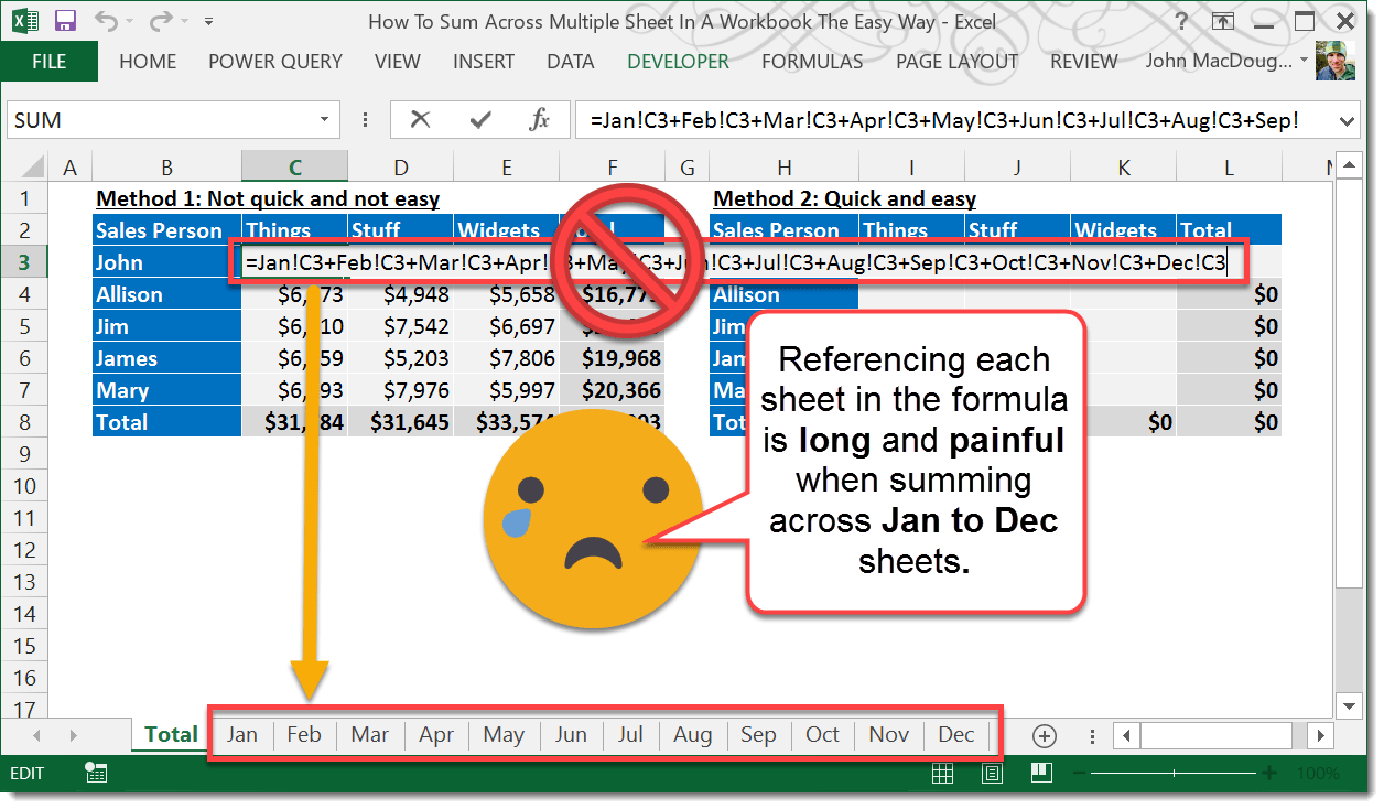 Using Indirect Function To Sum Across Multiple Sheets